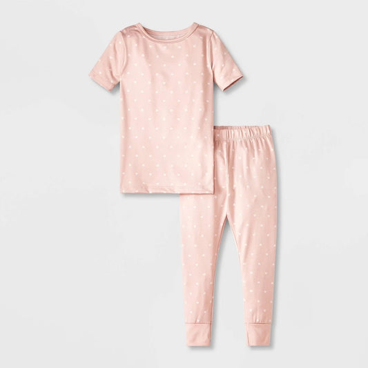 Toddler Girls' 2pc Hearts Smooth Jersey Snug Fit Pajama Set - Cloud Island Pink 5T: Recycled Polyester, Short Sleeve, Ankle Length