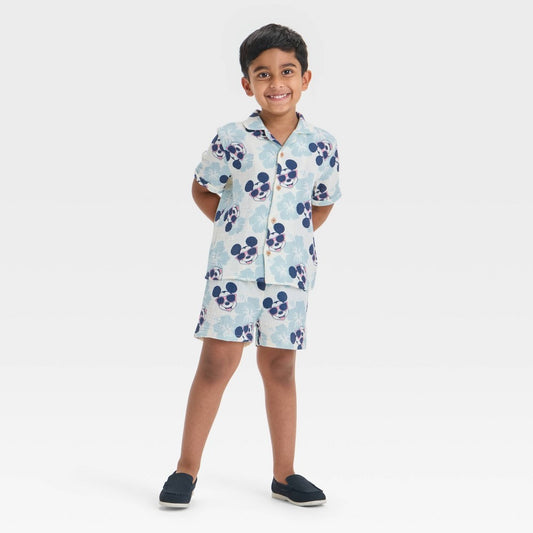 Toddler Boys' 2pc Mickey Mouse Woven Gauze Button-up Top & Shorts Set - Blue 4T