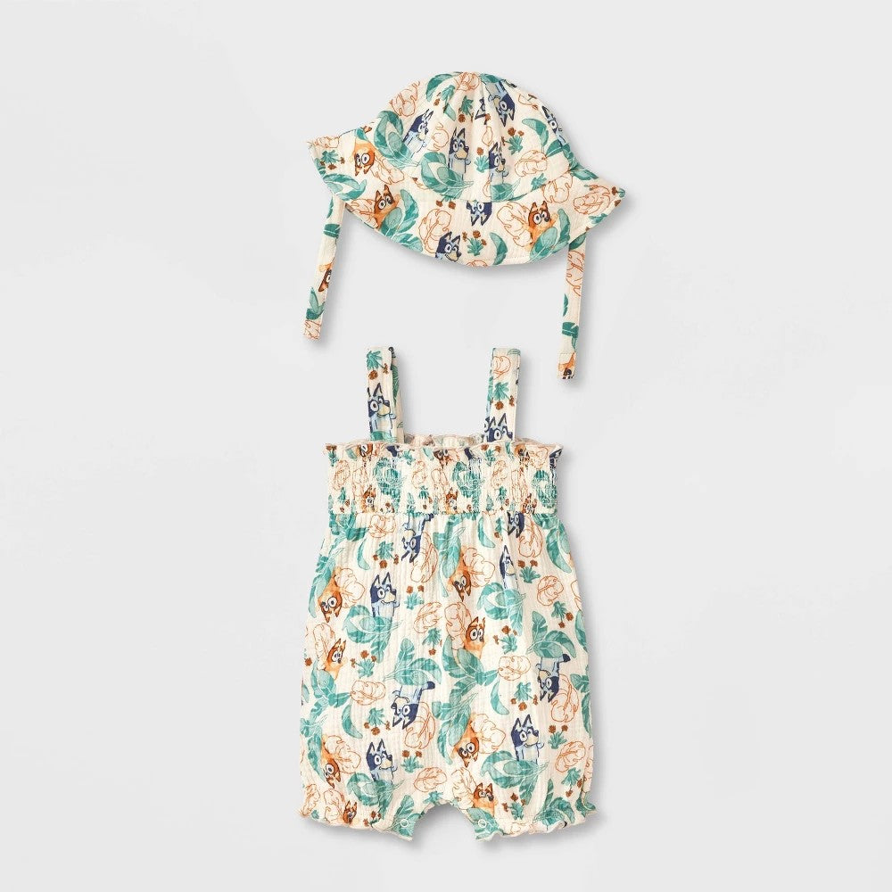 Bluey Baby Girls' 2pc Gauze Romper & Hat Set 0-3M Ivory