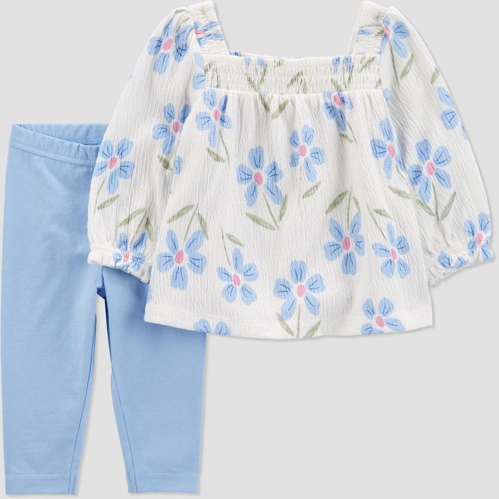Carter's Just One You Baby Girls' Floral Printed Solid Top & Pants Set - Blue 9M