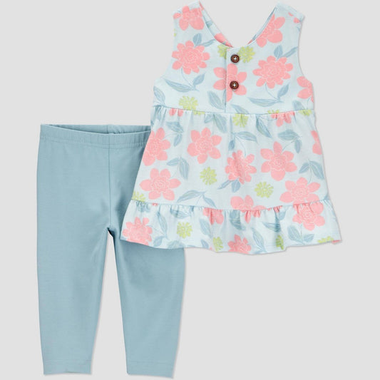 Carter's Just One You Baby Girls' Floral Tank Top & Pants Set - Green 9M: Cotton Tunic, Sleeveless, Elastic Waistband