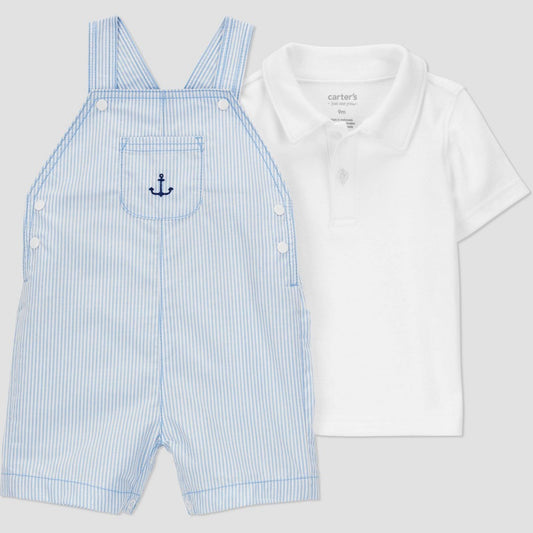 Carter's Just One You® Baby Boys' Striped Anchor Shortalls Set - Blue/White 6M: Cotton Polo Shirt & Shortall, Snap Closure