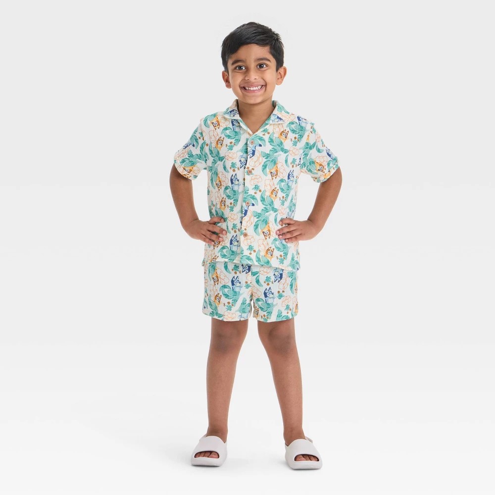 Toddler Boys' 2pc Bluey Woven Gauze Button-up Top & Shorts Set - Ivory 2T