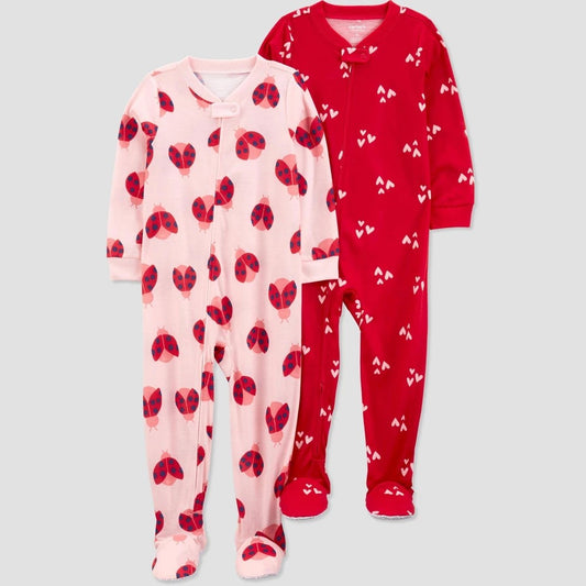 Carter's Just One You Toddler Girls' 2pk Cotton Ladybug and Hearts Footed Pajama - Pink/Red 2T