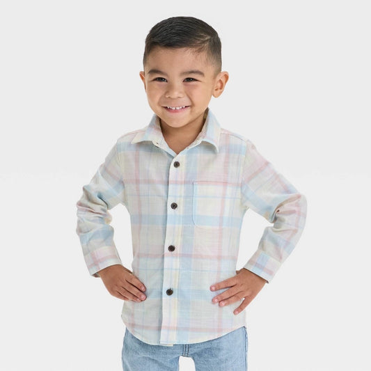 Toddler Boys' Long Sleeve Poplin Button-up Shirt - Cat & Jack Blue 3T
