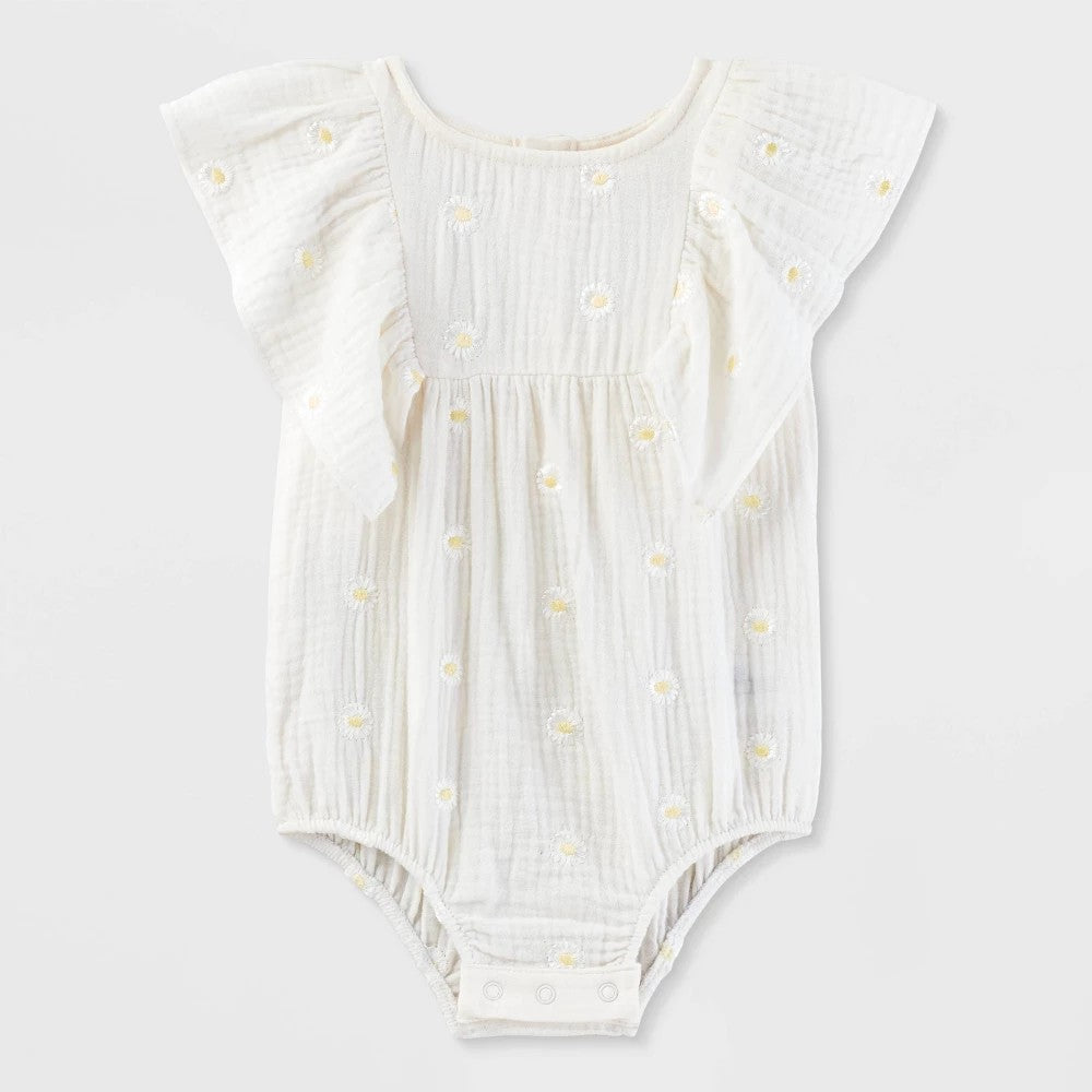 Baby Girls' Daisy Embroidered Bubble Romper - Cat & Jack Cream 12M