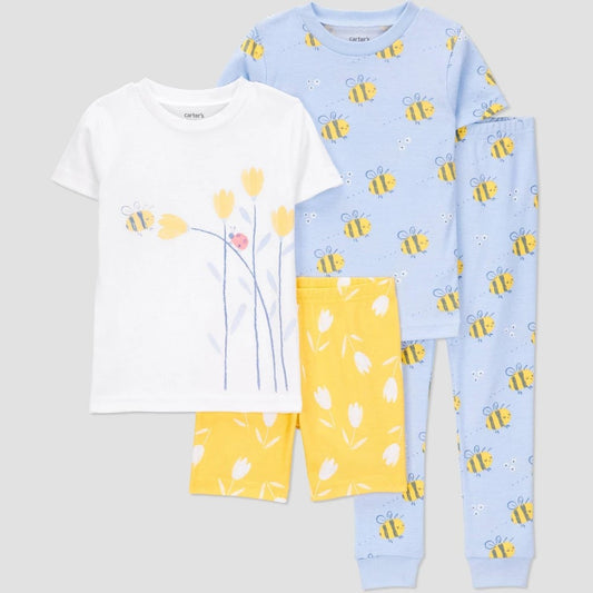 Carter's Just One You® Toddler Girls' 4pc Cotton Bees Snug Fit Pajama Set - Yellow/Blue 5T: Floral, Crew Neck, Elastic Waistband