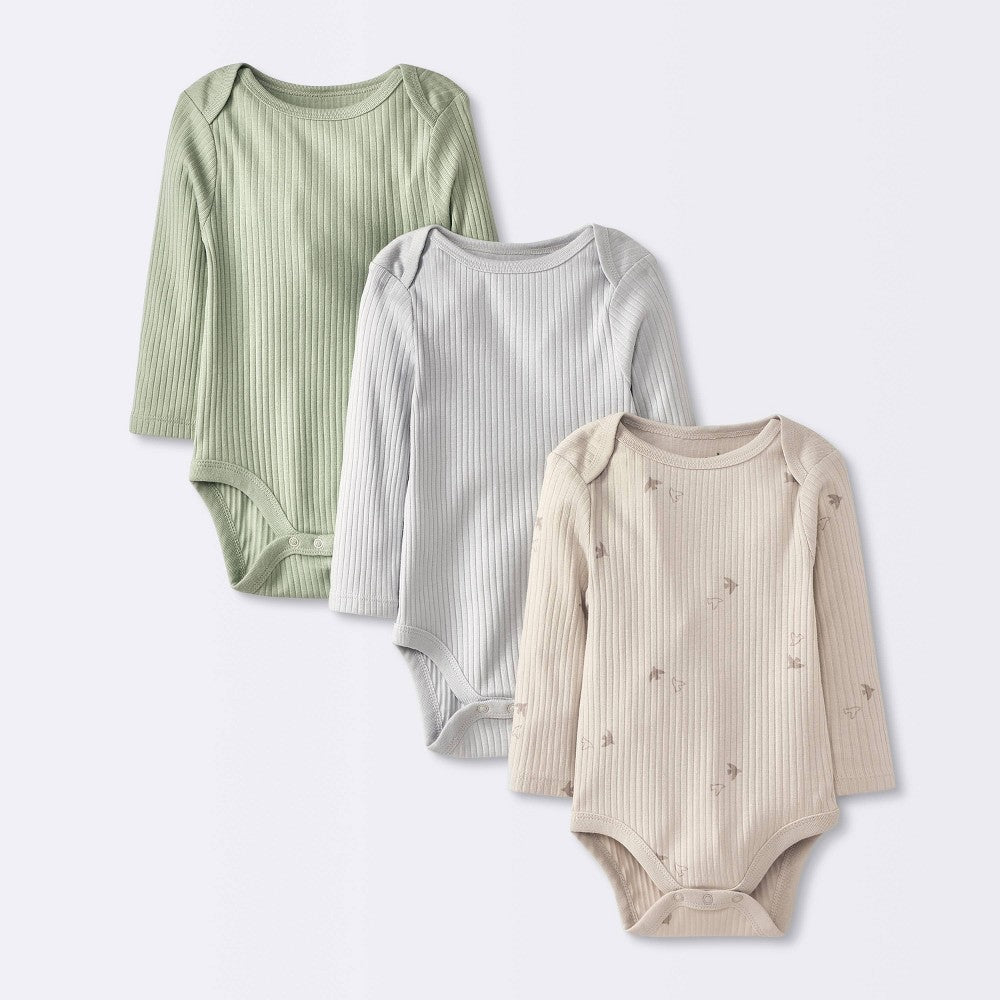 Cloud Island Baby Bodysuit 3pk Long Sleeve Ribbed 0-3M boys