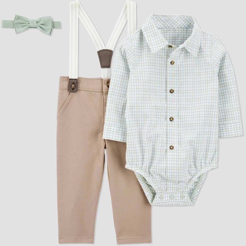 Carter's boys Plaid Suspender Set 9M:  Bodysuit, Chino Pants