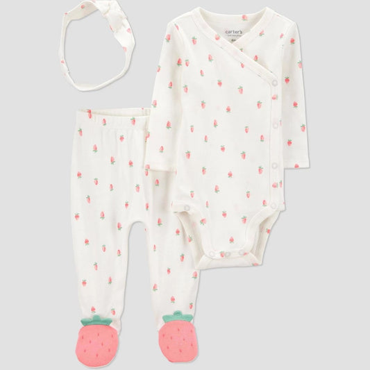 Carter's Just One You® Baby Girls' 3pc Long Sleeve Printed Top & Bottom Set - Ivory 3M: Strawberries Pattern, Cotton, Infant Apparel