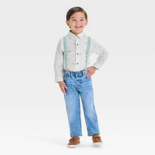 Toddler Boys' Button up Gauze Shirt and Denim Pants - Cat & Jack Medium Wash 4T
