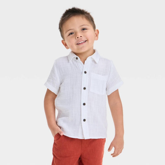 Toddler Boys' Double Weave Woven Shirt - Cat & Jack™ White 5T: 100% Cotton, Lightweight Gauze, Front Pocket, Short Sleeve