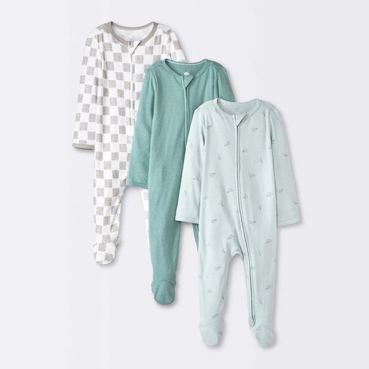 Baby 3pk Airplanes Cotton Sleep N' Play - Cloud Island™ Blue Newborn: Footed Pajamas, Mitten Cuff, Machine Washable