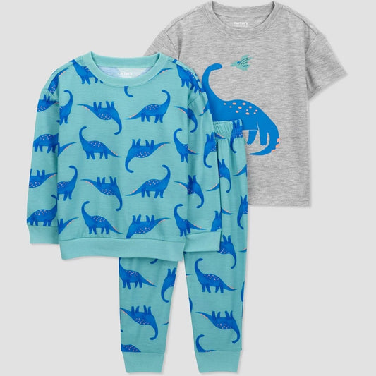 Carter's Just One You® Toddler Boys' 3pc Short Sleeve Dinos Pajama Set - Gray/Blue 12M: Dinosaur Pattern, Machine Washable