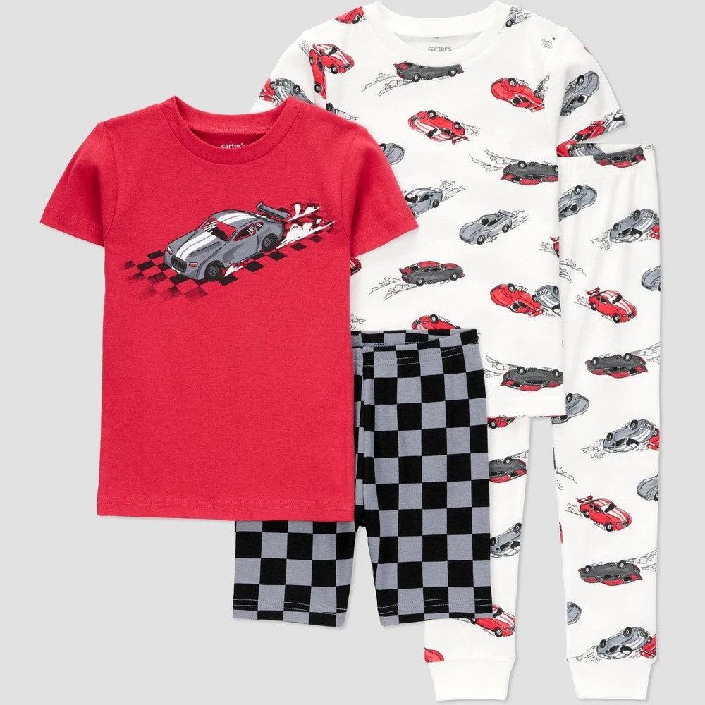 Carter's Just One You® Toddler Boys' 4pc Racecar Snug Fit Pajama Set - Black/White/Red 5T: Crew Neck, Elastic Waistband