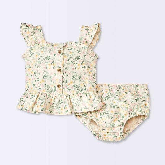 Baby Girls' Floral Peplum Top & Bloomer Set - Cloud Island Cream 0-3M