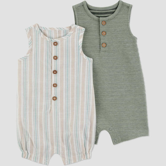 Carter's Just One You Baby Boys' Striped 2pk Romper Set - Green 3M