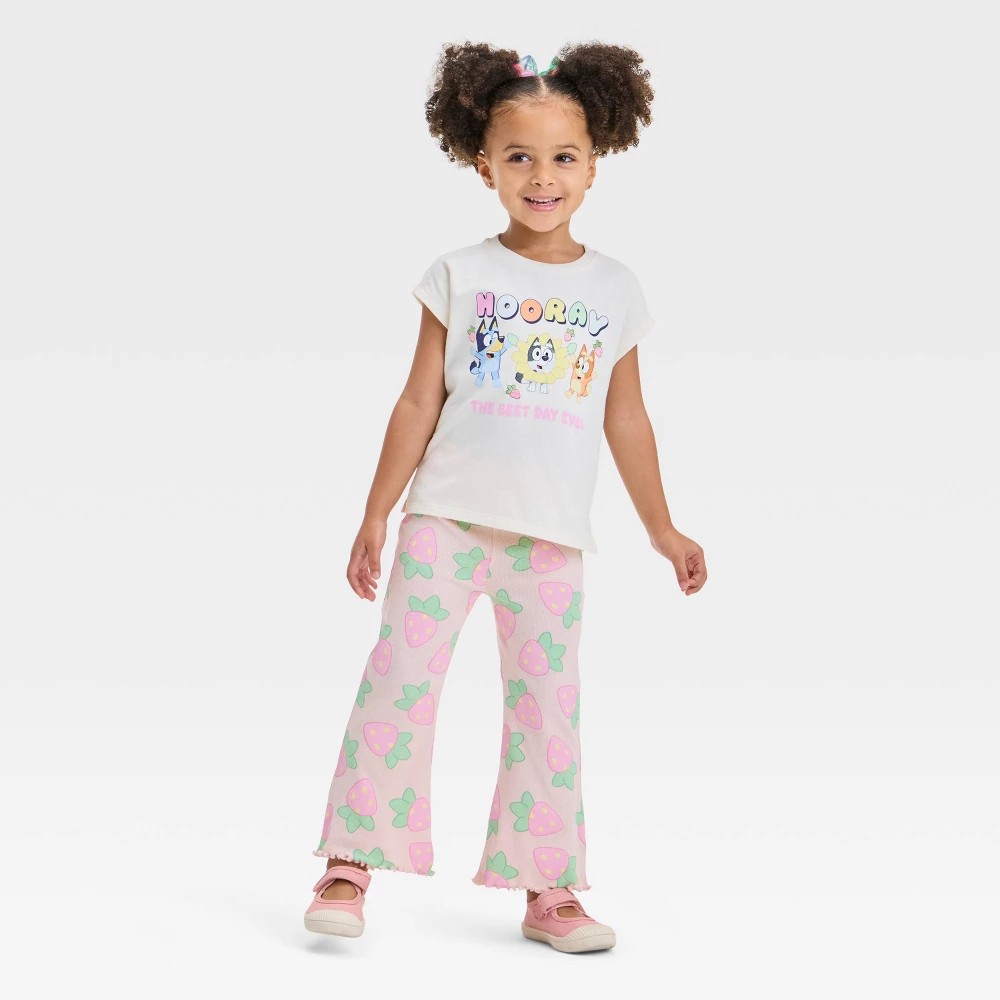 Toddler Girls' 2pc Bluey Strawberry Hooray Top & Pants Set - Cream/Orange 4T