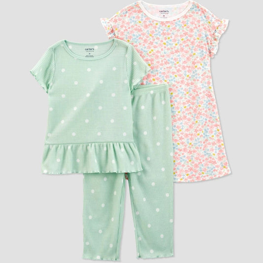 Carter's Just One You Toddler Girls' 3pc Floral and Polka Dot Gown Pajama Set - Pink/Green 2T: Crew Neck, Short Sleeve, Flame-Resistant
