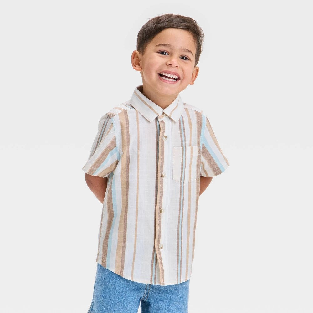 Cat & Jack Toddler Boys' Striped Poplin Shirt 5T Almond Cream