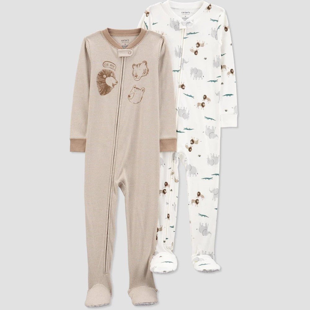 Carter's Just One You Toddler Boys' 2pk Snug Fit Cotton Animals and Striped Footed Pajama - Brown 2T