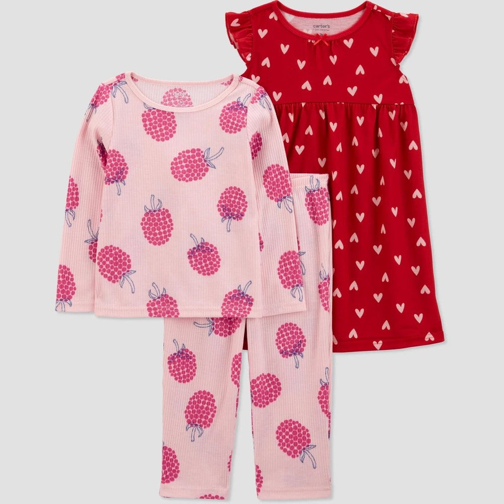 Carter's Just One You® Toddler Girls' 3pc Hearts and Raspberries Gown Pajama Set - Pink/Red 18M: Polyester, Crew Neck
