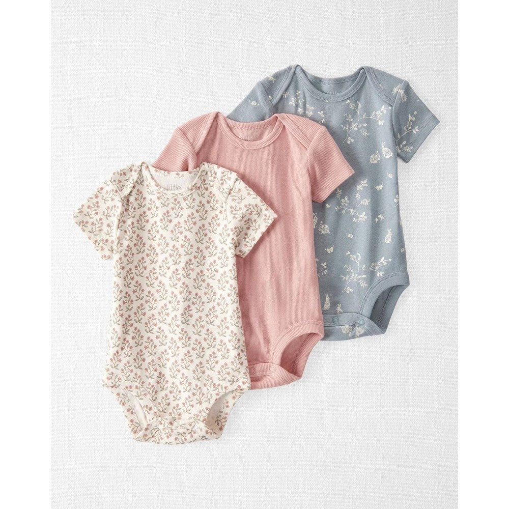 Little Planet by Carter's Baby Girls Organic Cotton 3-Pc. Ribbed Bodysuit Set - Bunny/Floral/Pink