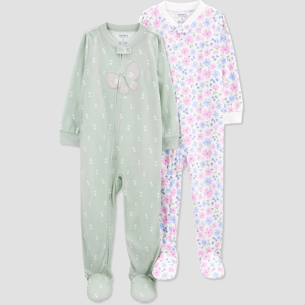 Carter's Just One You® Toddler Girls' 2pk Floral and Butterfly Footed Pajama - White/Green 5T