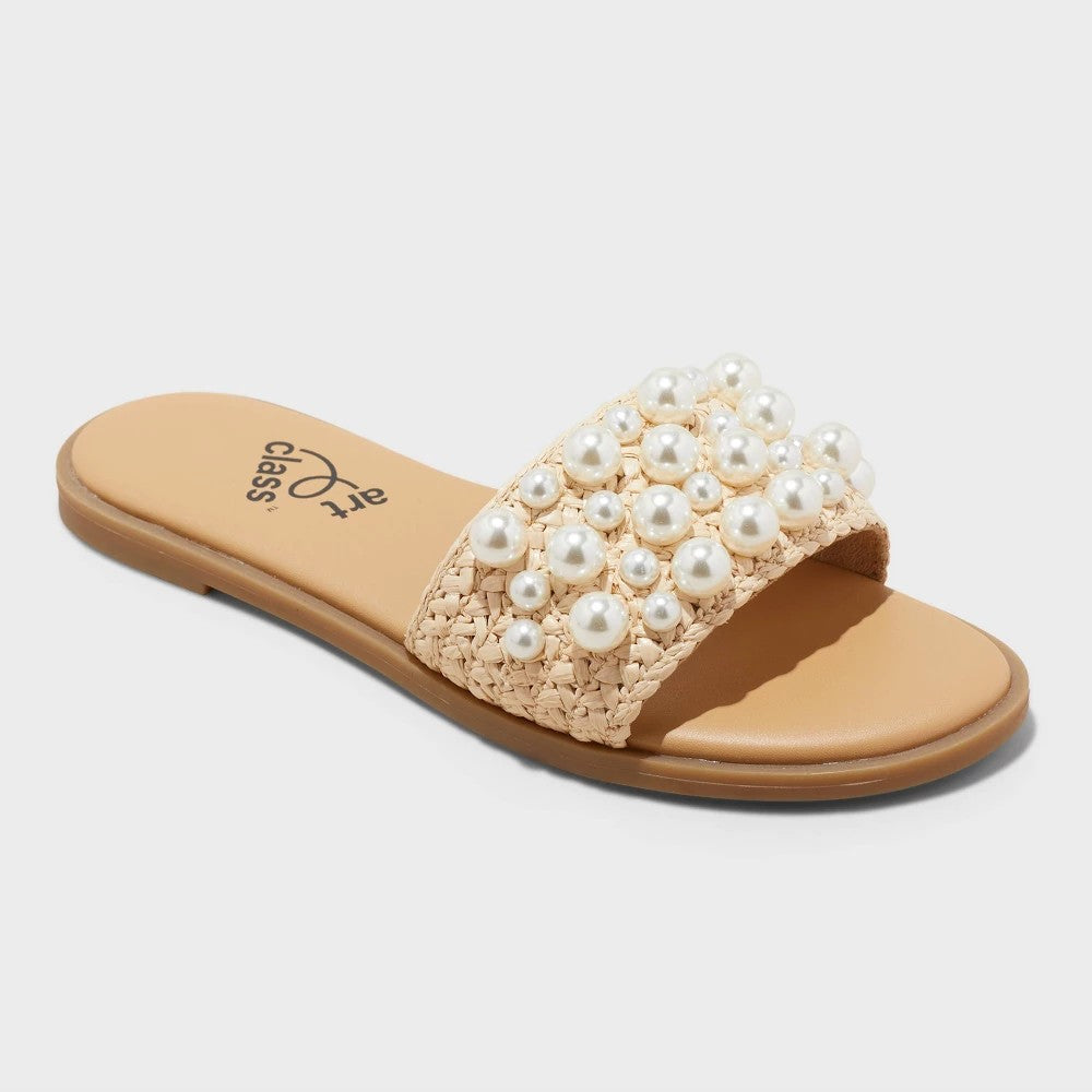 Art Class Kids' Embellished Slide Sandals Pearl Size 1 Girl