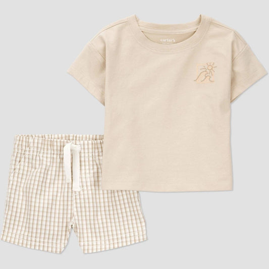 Carter's Just One You® Baby Boys' Gingham Shortalls Set - Brown 18M: Classic Pattern, Cotton Canvas, Elastic Waistband