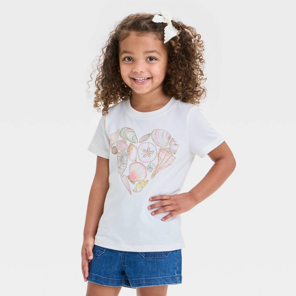 Toddler Girls' Seashell Heart Graphic T-Shirt - Cat & Jack™ Cream 3T: Tagless, Crew Neck, Short Sleeve