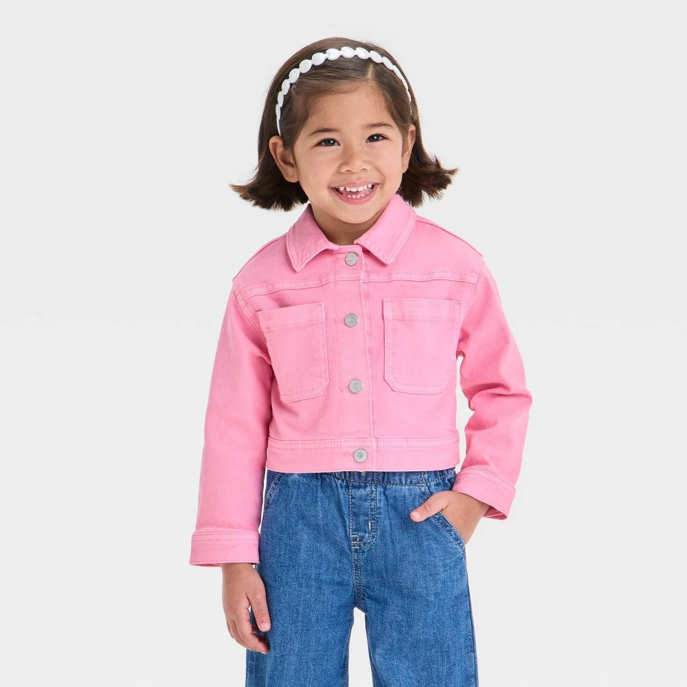 Toddler Girls' Denim Jacket - Cat & Jack Medium Pink 2T: Snap Closure, Front Pockets