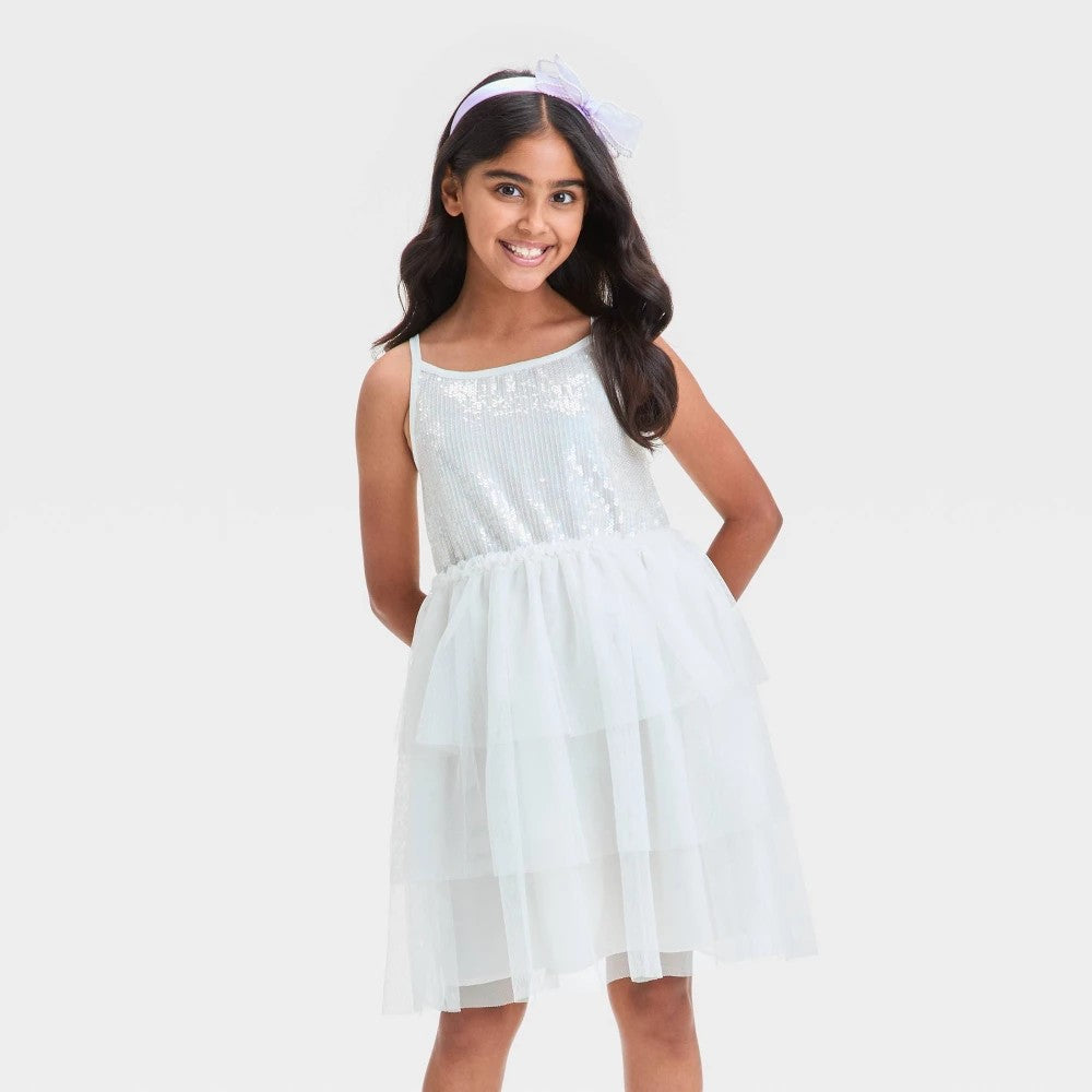 Cat & Jack Girls' Sleeveless Sequin Tulle Dress Size S