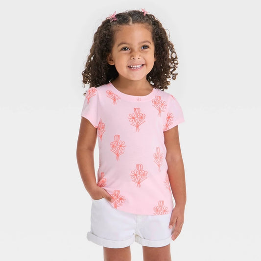 Toddler Girls' Flowers T-Shirt - Cat & Jack™ Light Pink 5T: Crew Neck, Short Sleeve