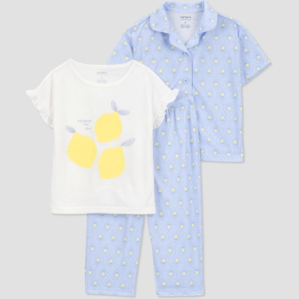 Carter's Just One You® Toddler Girls' 3pc Lemons and Bees Pajama Set - White/Blue 12M