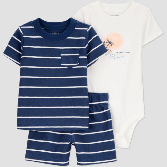 Carter's Just One You® Baby Boys' Striped Scenic Top & Bottom Set - Navy Blue Newborn: 3-Piece Cotton Outfit, Short Sleeve