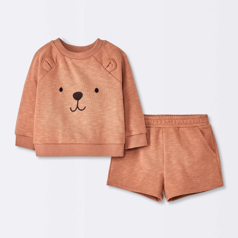 Baby Boys' French Terry Bear Sweatshirt & Shorts Set - Cloud Island Brown Newborn