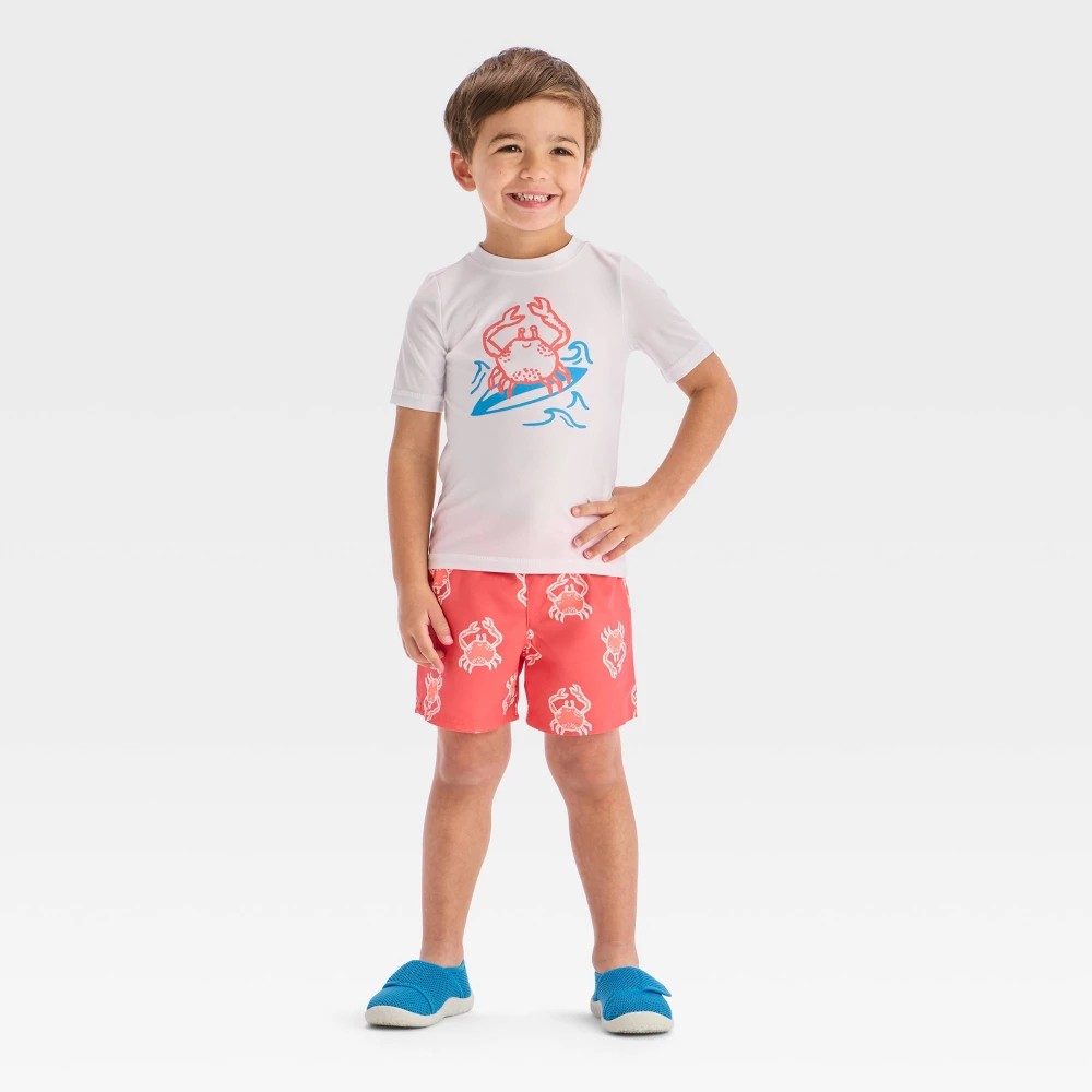 Toddler Boys' Crab Printed Rash Guard Set - Cat & Jack™ Red 3T: UPF 50+, Adjustable Waistband, Built-in Brief, Machine Washable