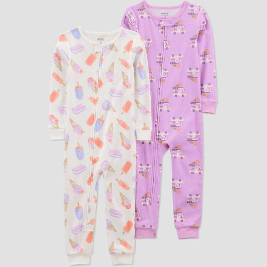 Carter's Just One You® Toddler Girls' 2pk Cotton Snug Fit Ice-Cream Footed Pajama - White/Purple 18M: Lightweight Crew Neck,Long Sleeve