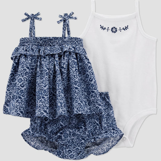 Carter's Just One You® Baby Girls' Floral Top & Bottom Set - Blue 18M: 3-Piece Cotton Tunic, Bodysuit & Diaper Cover Set