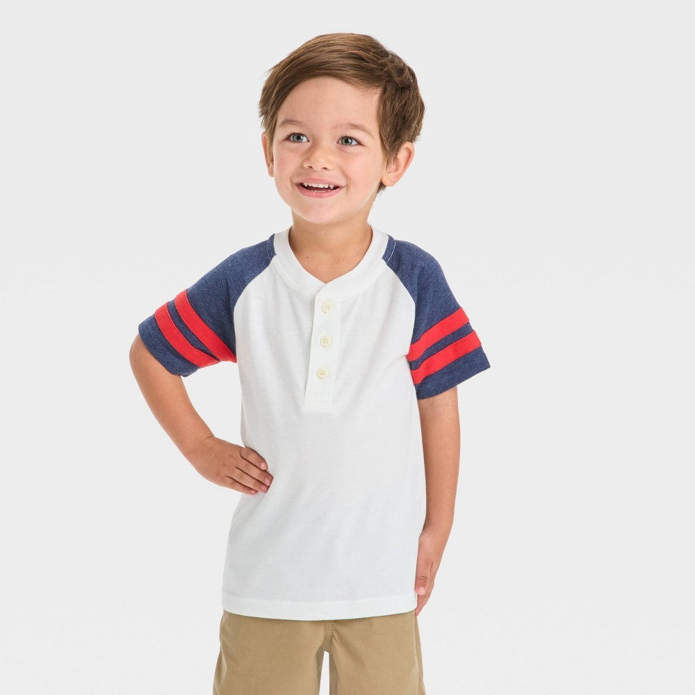 OshKosh Toddler Boys' Short Sleeve Henley T-Shirt - Cream/Navy Blue 2T
