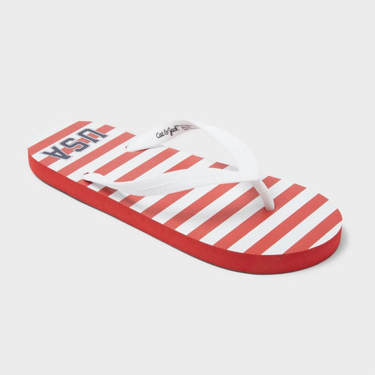 Kids' Sam Americana USA Flip Flops - Cat & Jack™ Red/White L: Thong Strap, Open Round Toe, Indoor/Outdoor Outsole, Flags Pattern - Boy