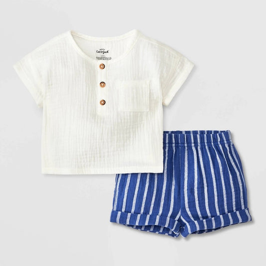 Baby Striped Henley Top & Bottom Set - Cat & Jack™ Blue/White Newborn