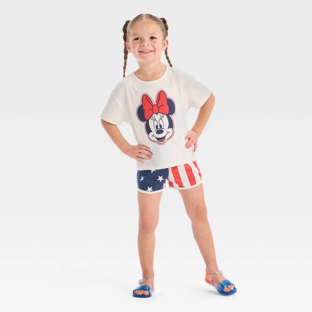 Toddler Girls' 2pc Disney Minnie Mouse Americana Short Sleeve T-Shirt and Shorts Set - Red/White/Blue 5T