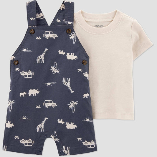 Carter's Just One You® Baby Boys' 2pc Safari Short Sleeve T-Shirt & Overalls Set - Gray 18M: Cotton, Giraffe & Car Pattern