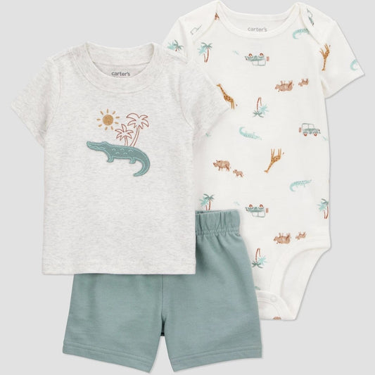Carter's Just One You® Baby Boys' 3pc Safari Top & Bottom Set - Green 6M: Dinosaur Pattern,