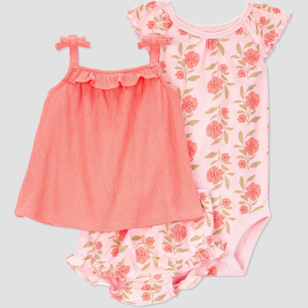 Carter's Just One You® Baby Girls' Coral Floral Top & Bottom Set - 9M: Sleeveless, Elastic Waistband, Snap Closure