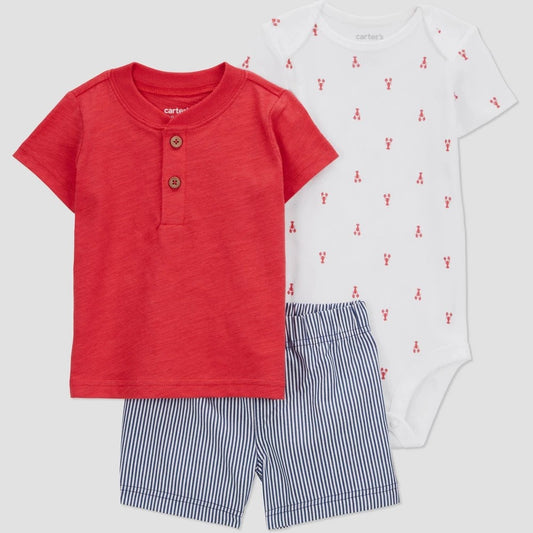 Carter's Just One You® Baby Boys' 3pc Lobster Top & Bottom Set - Red/White/Blue 6M: Cotton, Stripe, Animals