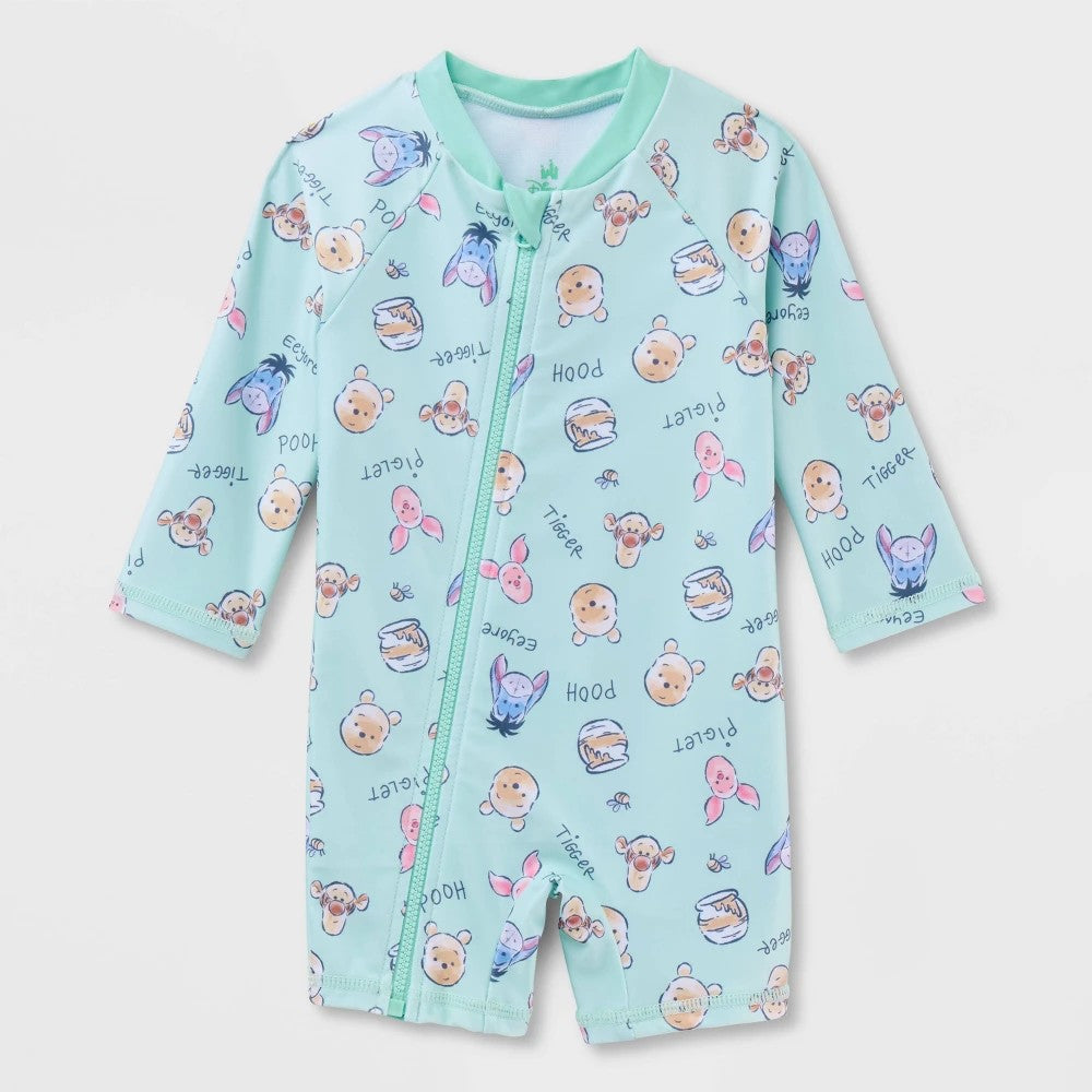 Baby Boys' Disney Winnie the Pooh Full Zip Long Sleeve Rash Guard Unisuit - Green 9M