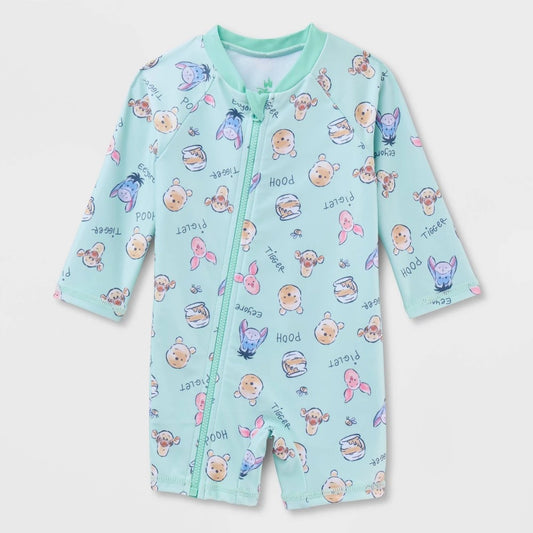 Baby Boys' Disney Winnie the Pooh Full Zip Long Sleeve Rash Guard Unisuit - Green 9M